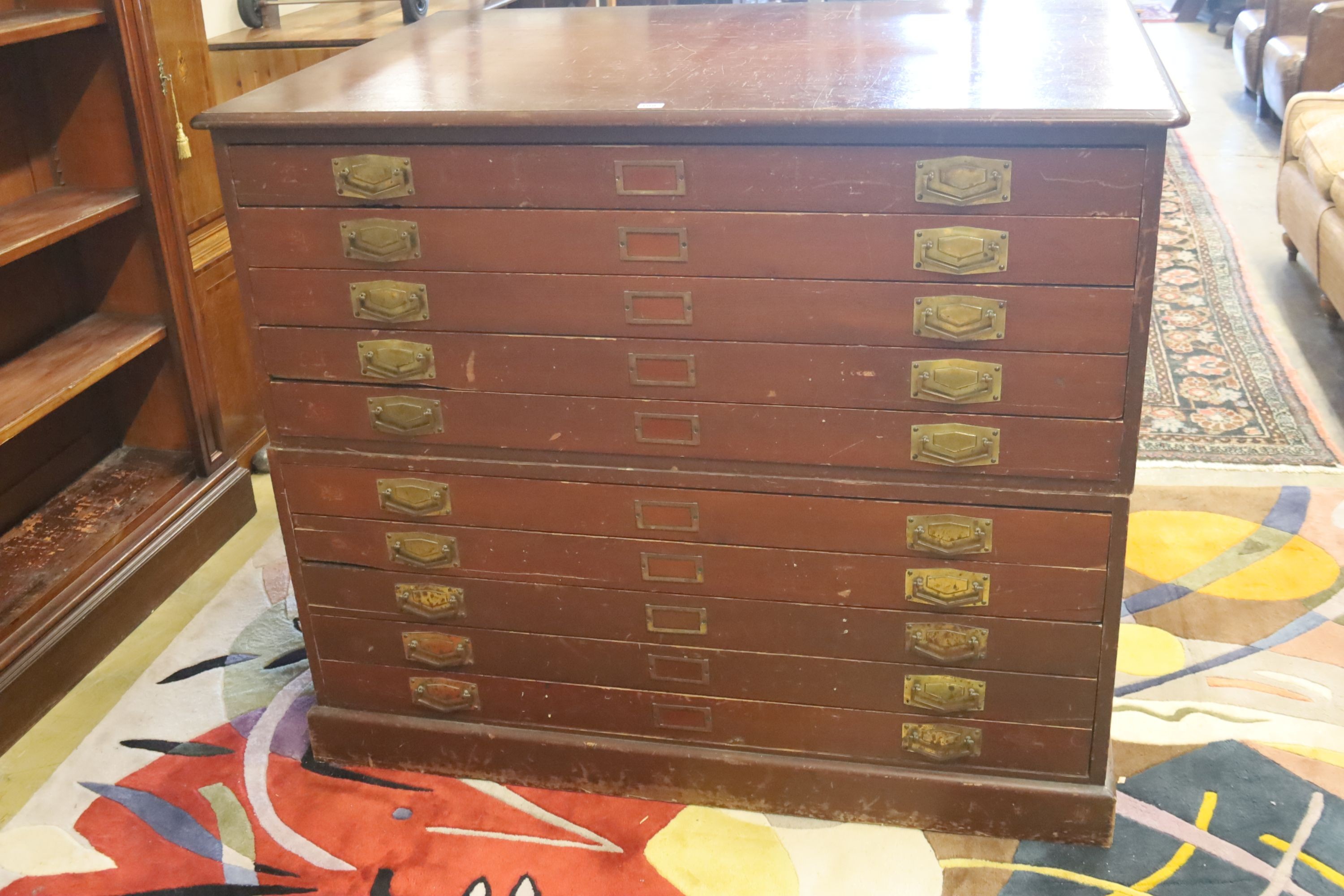 An early 20th century mahogany and beech ten drawer plan chest, length 128cm, depth 91cm, height 108cm